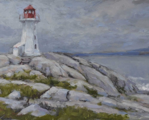Lighthouse, gray day - oil on wood - Kim Aerts