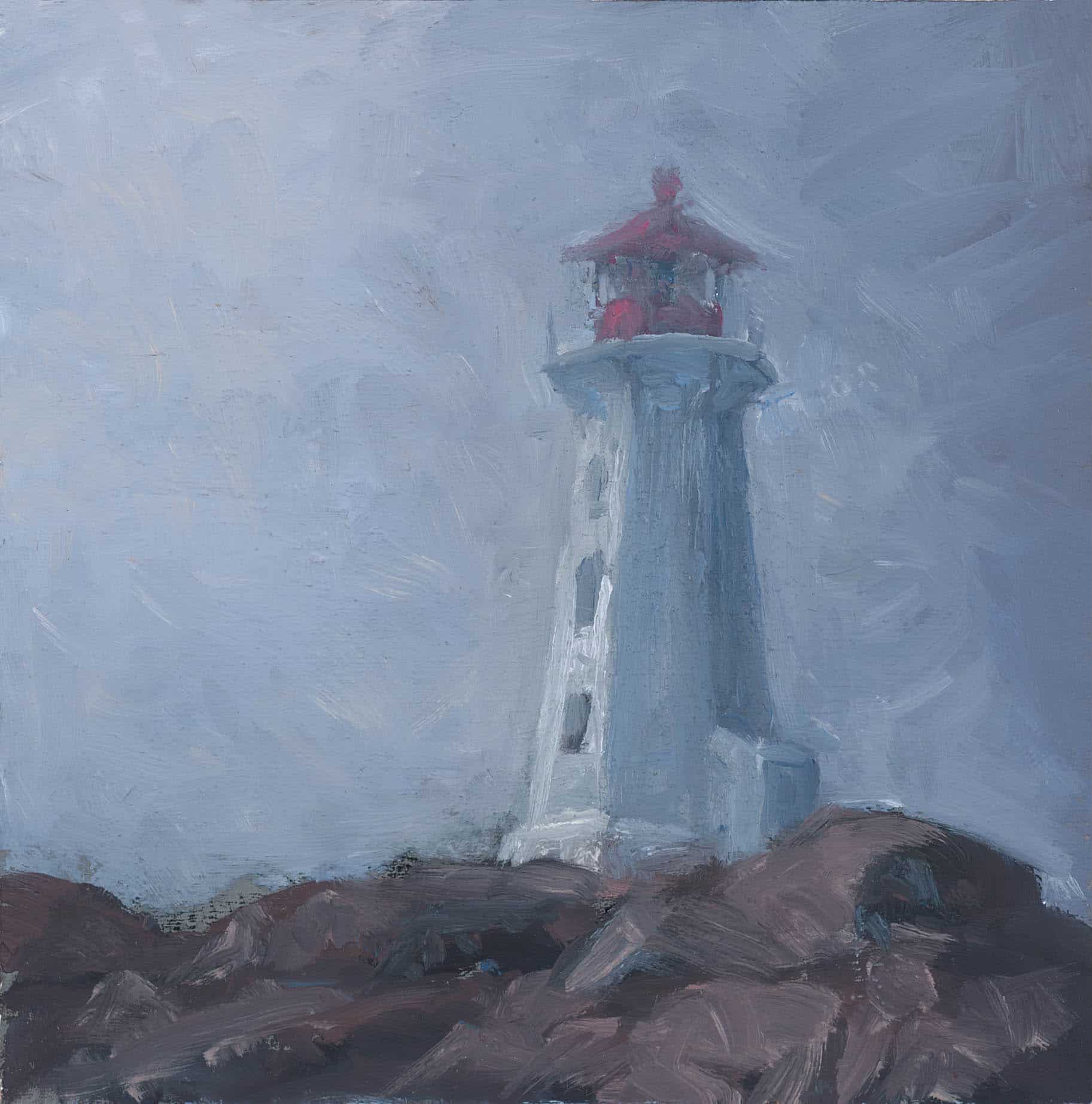 Lighthouse in breaking mist - oil on wood - Kim Aerts