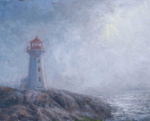 Lighthouse in closing fog - oil on wood - Kim Aerts