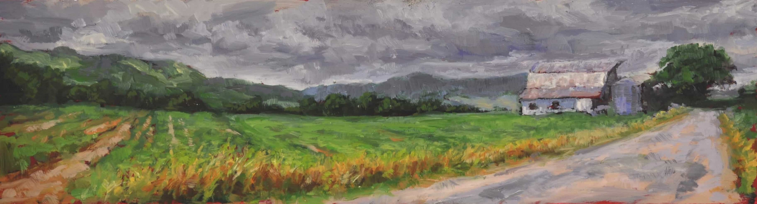 Kim Aerts oil painting - Farm and field near Norton - 3x12 inches