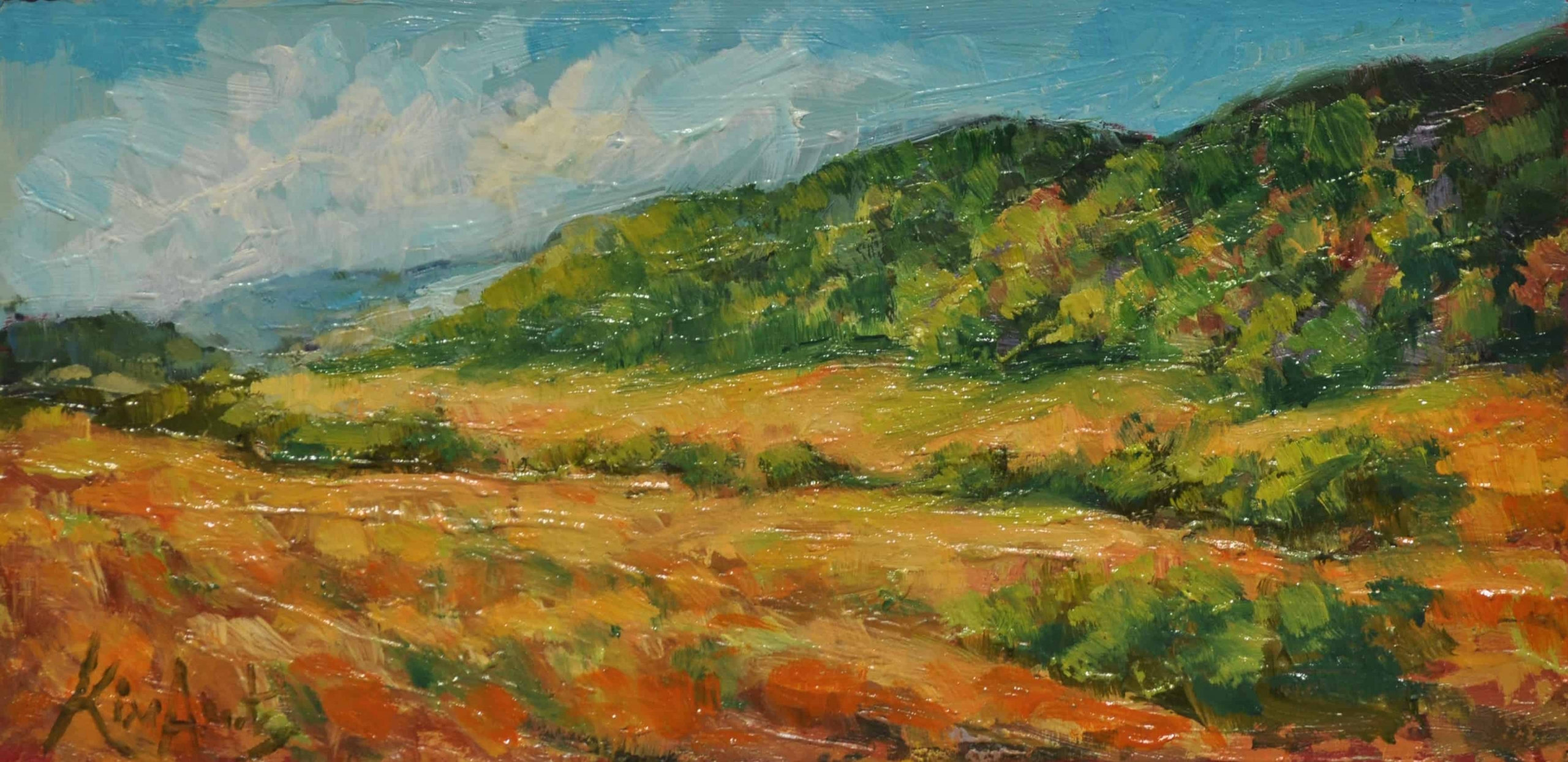 Kim Aerts oil painting - Field and Foothills Near Parrsboro - 3x6 inches