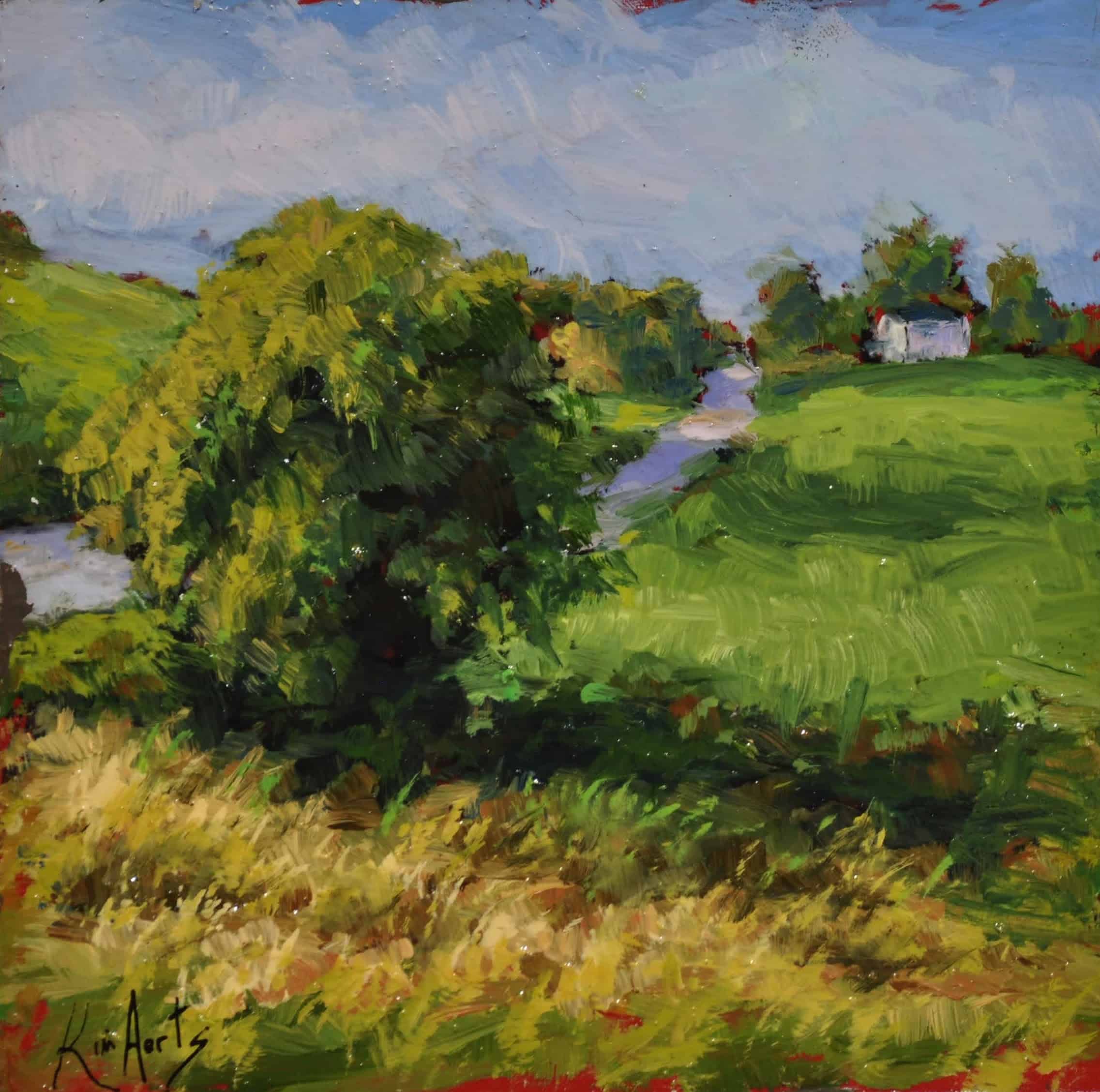 Kim Aerts oil painting - Field and Trees- 4x4 inches