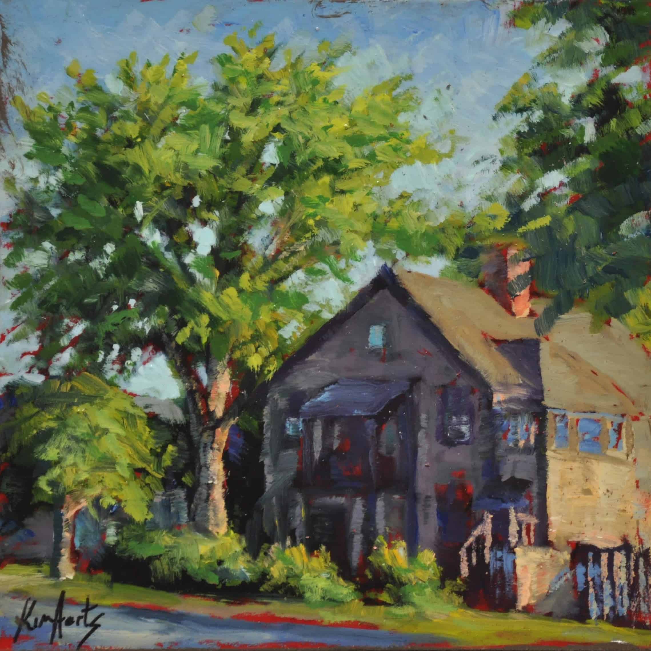 Kim Aerts oil painting - Late Day on the Corner, Stanley Place - 4x4 inches